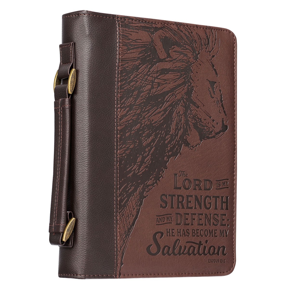 Brown Lion Faux Leather Bible Cover for Men: Lord Is My Strength - Ex. 15:2, LG