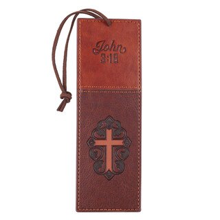 John 3:16 Collection Two-Tone Brown Faux Leather Bookmark With Cross