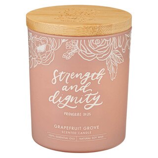 Strength and Dignity Grapefruit Scented Candle in a Peach Glass Jar- Proverbs 31:25