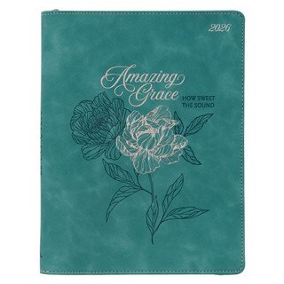 2026 Amazing Grace Large Zippered Teal Faux Leather 18-Month Planner for Women