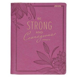 2026 Strong and Courageous Large Bright Pink Faux Leather Zippered 18-month Planner for Women - Joshua 1:9