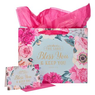 Bless You & Keep You Pink Floral Large Landscape Gift Bag with Card - Numbers 6:24