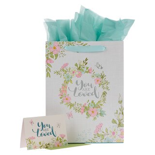 You are Loved Pink Wreath Large Portrait Gift Bag with Card Set