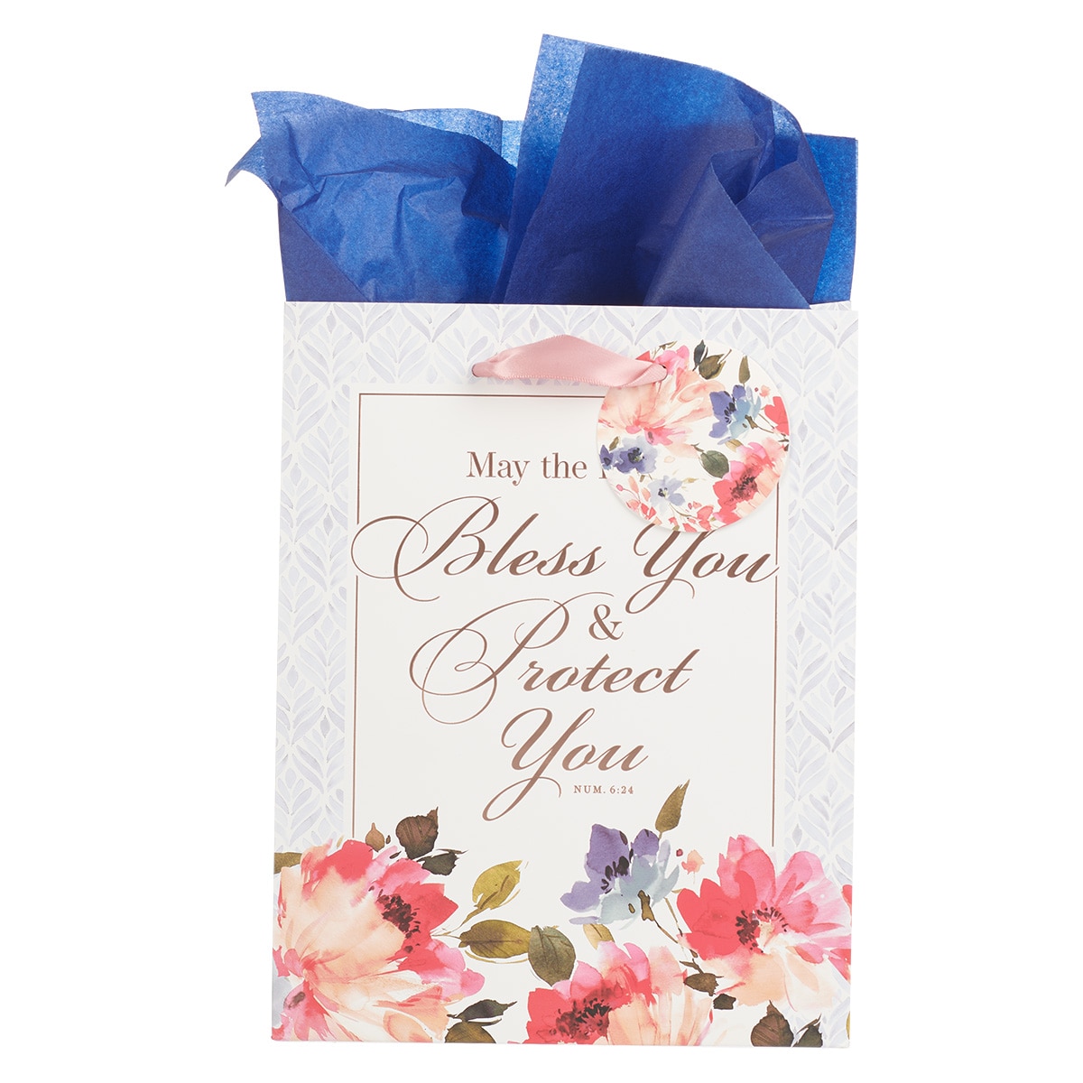 Bless You and Protect You Blue Floral Medium Gift Bag - Numbers 6:24