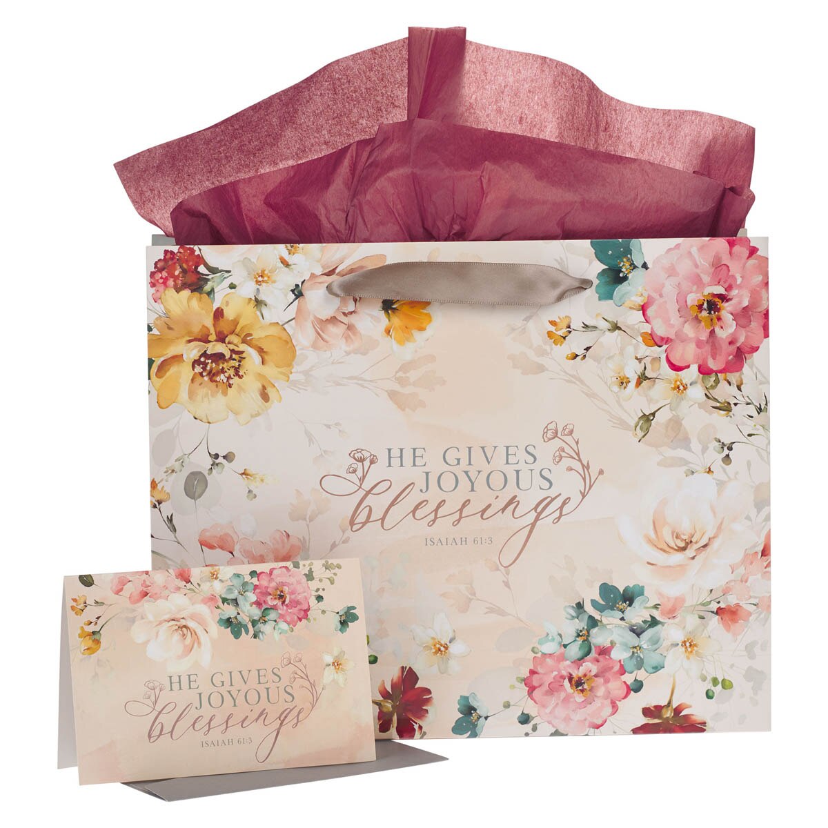 Joyous Blessings Floral Peach Large Landscape Gift Bag Set with Card -  Isaiah 61:3