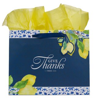 Give Thanks Blue and Yellow Lemon Large Landscape Gift Bag - 1 Thessalonians 5:18