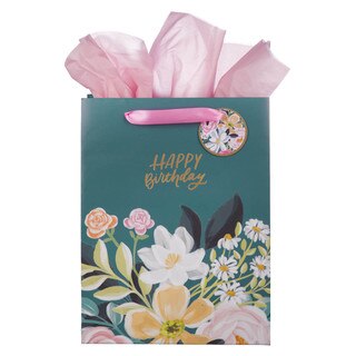 Happy Birthday Teal Floral Large Portrait Gift Bag