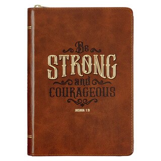 Strong and Courageous Honey-brown Faux Leather Journal with Zipper Closure - Joshua 1:9