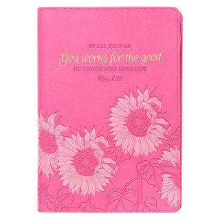 God Works For The Good Pink Sunflower Faux Leather Classic Journal with Zippered Closure - Romans 8:28