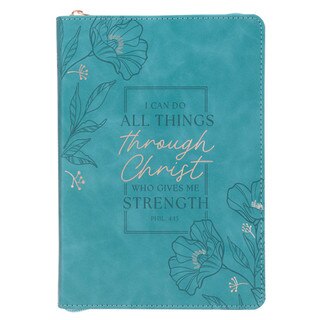 Through Christ Teal Faux Leather Journal with Zippered Closure - Philippians 4:13