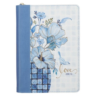 Love Blue Floral Tile Faux Leather Journal with Zipper Closure - John 3:16