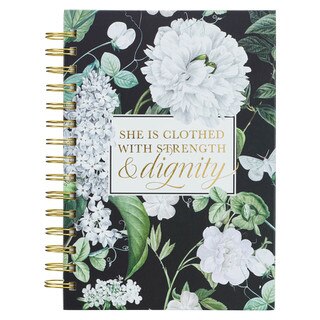 Clothed with Strength and Dignity White Floral Large Spiral Journal - Proverbs 31:25