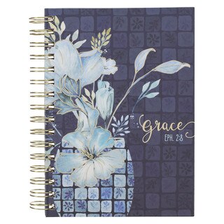 Grace Blue Floral Tile Wirebound Journal - Ephesians 2:8