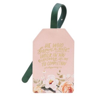 He Who Began a Good Work Pink Floral Faux Leather Luggage Tag - Philippians 1:6