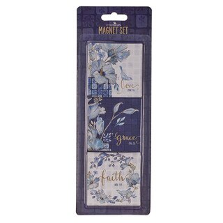 Love, Grace, Faith Blue Floral Tile Magnet Set