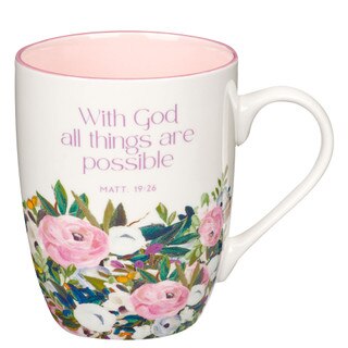 With God Things Are Possible Pink Floral Ceramic Coffee Mug - Matthew 19: