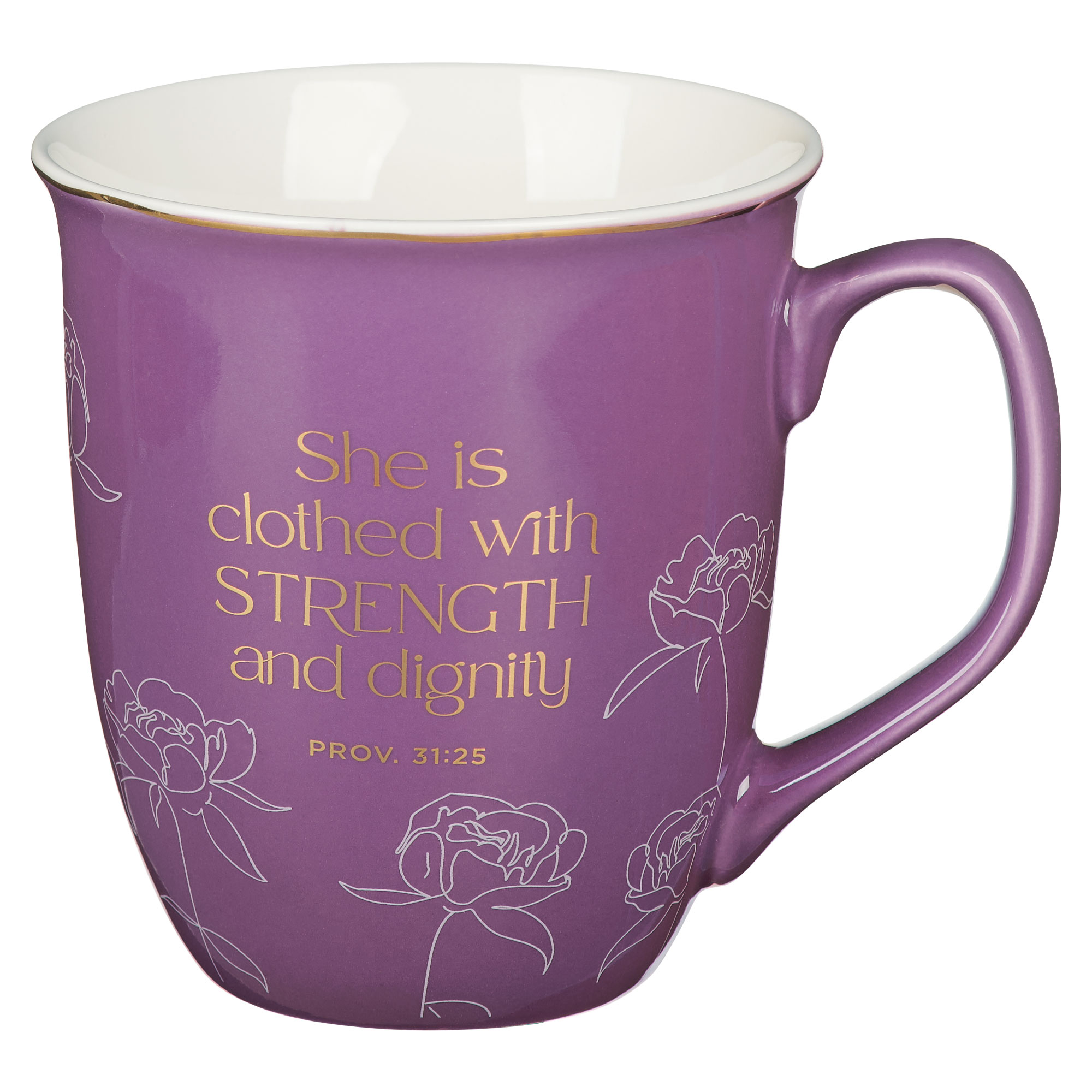 She is Clothed with Strength & Dignity Purple Ceramic Mug - Proverbs 31:25
