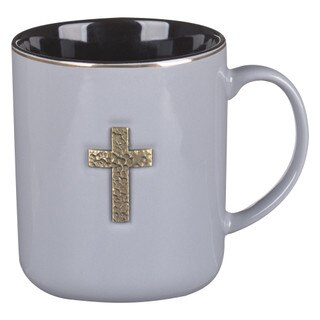 Gray Ceramic Coffee Mug with Metal Cross Inlay