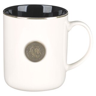 Strong and Courageous White Ceramic Coffee Mug with Metal Inlay - Joshua 1:9