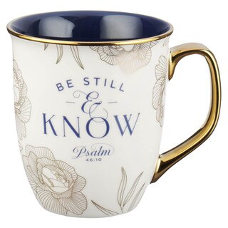 Be Still and Know Blue and Gold Floral Ceramic Mug - Psalm 46:10