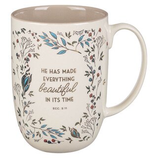 Everything Beautiful Cream Floral Ceramic Coffee Mug - Ecclesiastes 3:11