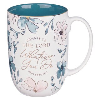 Whatever You Do Teal Floral Ceramic Coffee Mug - Proverbs 16:3