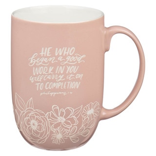 Good Work Pink Floral Ceramic Coffee Mug - Philippians 1:6