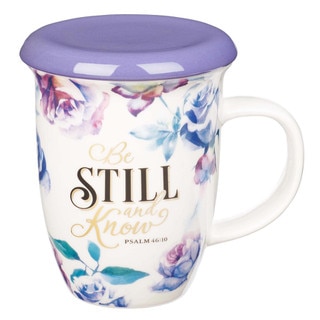 Be Still and Know Lidded Ceramic Mug in Purple - Psalm 46:10