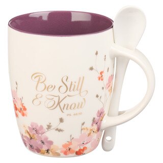 Be Still & Know Purple Floral Ceramic Coffee Mug with Spoon - Psalm 46:10