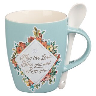 Bless You and Keep You Teal Ceramic Coffee Mug with Spoon - Numbers 6:24