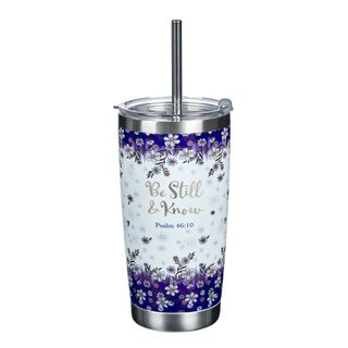 Be Still & Know Blue Floral Stainless Steel Travel Mug with Reusable Stainless Steel Straw - Psalm 46:10