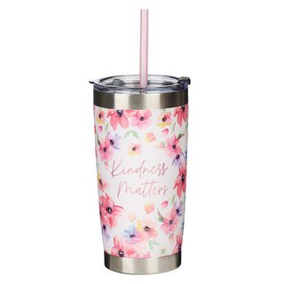 Kindness Matters Pink Cosmos Stainless Steel Travel Mug with Reusable Straw