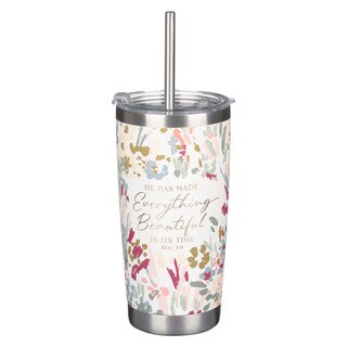 White Floral Everything Beautiful Stainless Steel Travel Mug with Reusable Stainless Steel Straw - Ecclesiastes 3:11