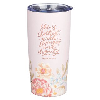 Strength and Dignity Pink Floral Stainless Steel Travel Tumbler - Proverbs 31:25