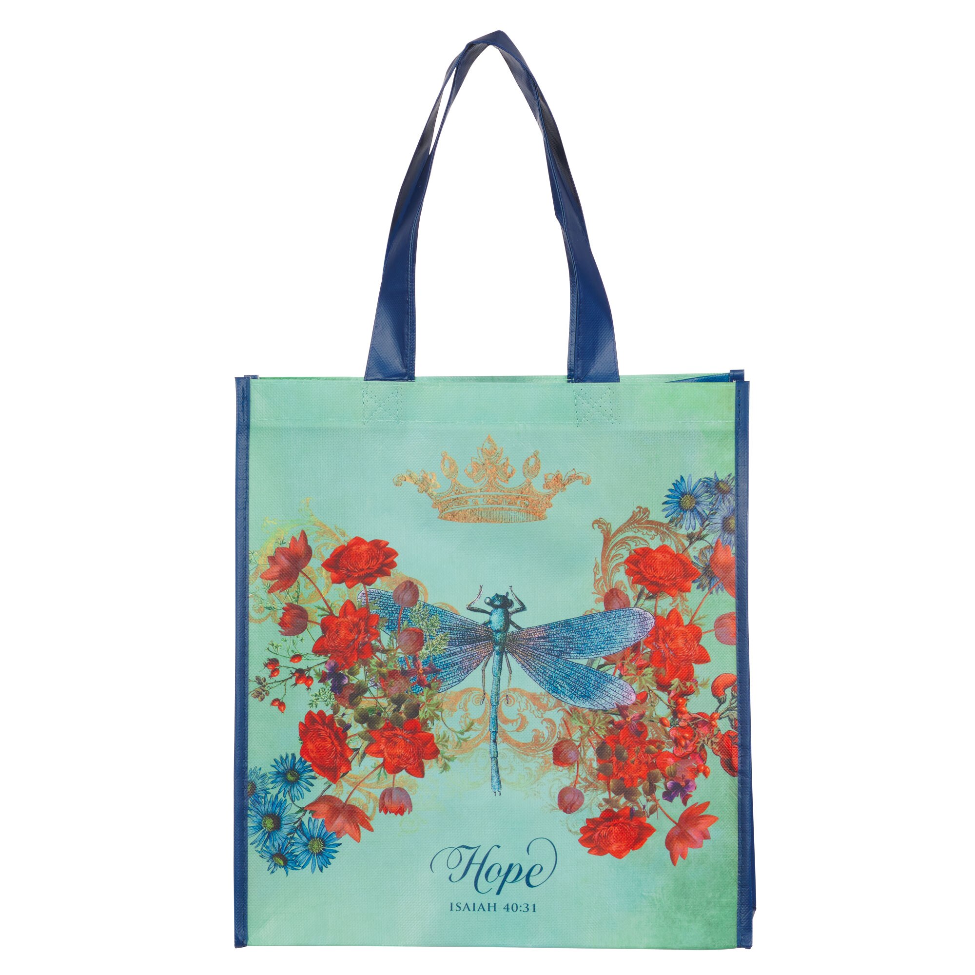 Hope Dragonfly Teal Non Woven Coated Tote Bag Isaiah 40 31