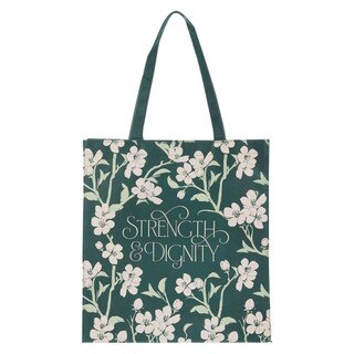 Strength and Dignity Green Floral Reusable Non-woven Shopping Tote Bag - Proverbs 31:25