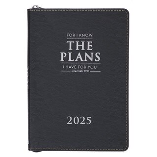 Know the Plans 2025 Black Faux Leather Executive Planner with Zipper Closure - Jeremiah 29:11