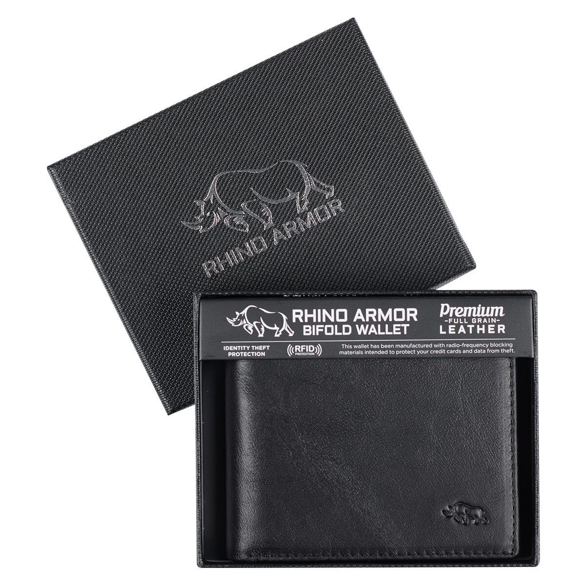 Men's Ebony Black Full Grain Cowhide Leather Bifold Rhino Armor™ Wallet