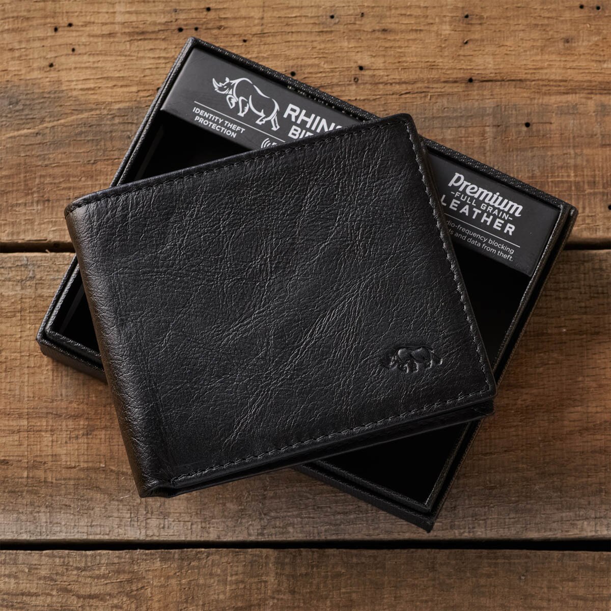 Men's Ebony Black Full Grain Cowhide Leather Bifold Rhino Armor™ Wallet